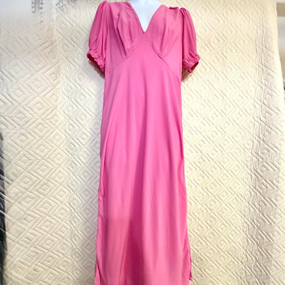 Womens L Maxi Dress Pink V-Neck Short Puff Sleeve Rayon COTTAGECORE BARBIE BOHO